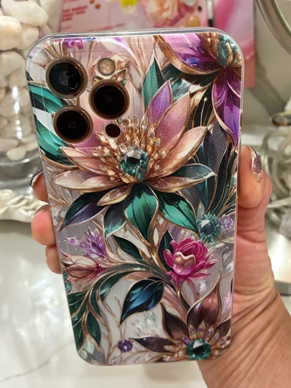 17 Pro Max Floral Jewel Protective Phone Case – Teal, Pink & Gold